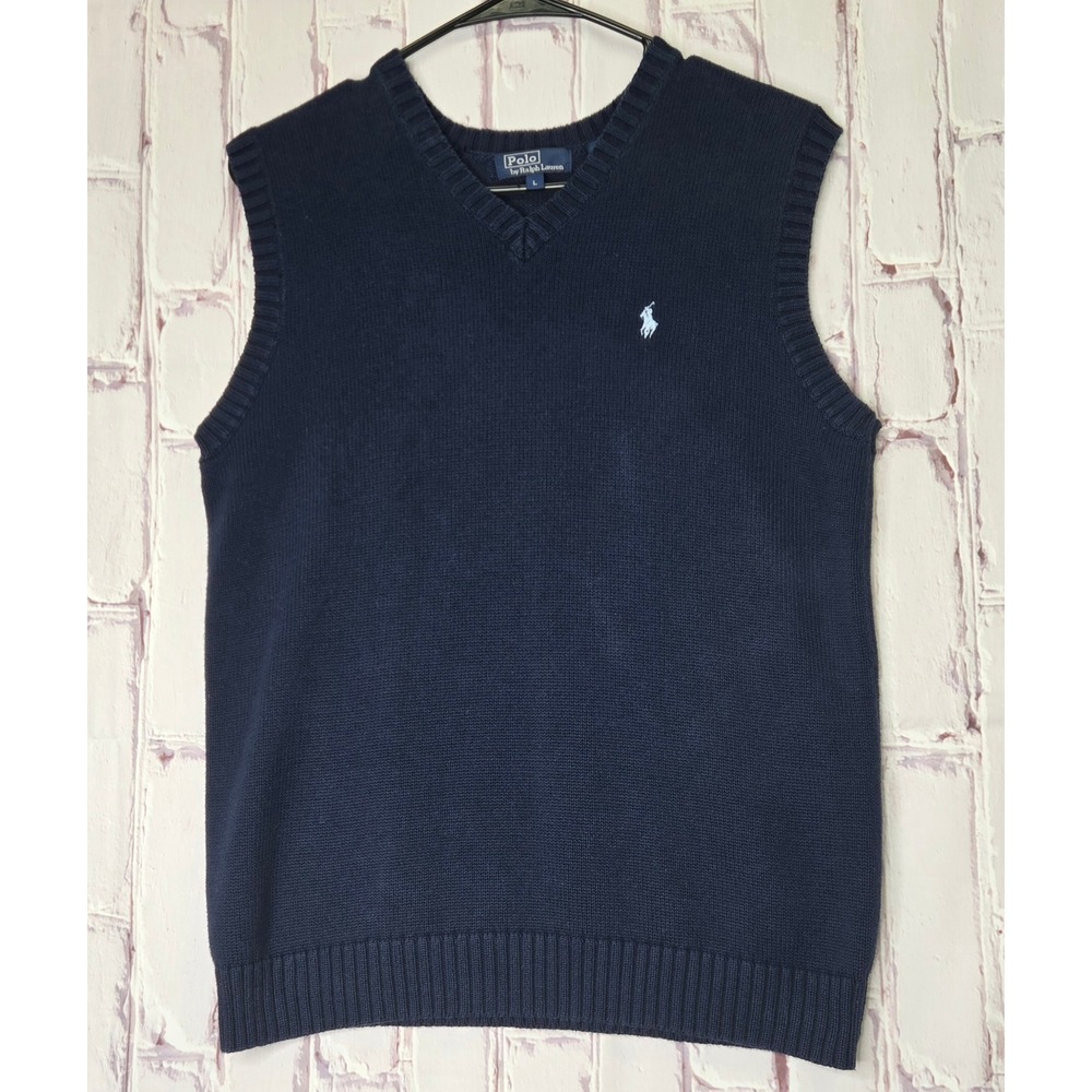 VTG Y2K Polo Ralph Lauren Sweater Vest Navy Blue Cotton V-Neck Pony Logo Mens L